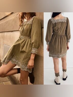 MADEWELL | XS EMBROIDERED CORDUROY SQUARE NECK DRESS DISTANT SURPLUS GREEN
